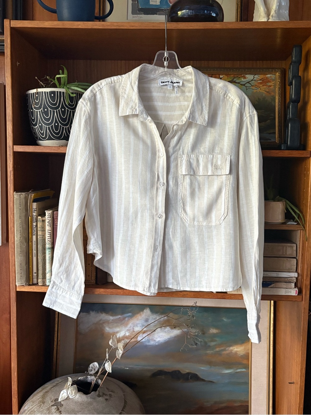 Clean Girl Neutral Aesthetic DKNY Jeans Linen Cotton Cropped Button Up M